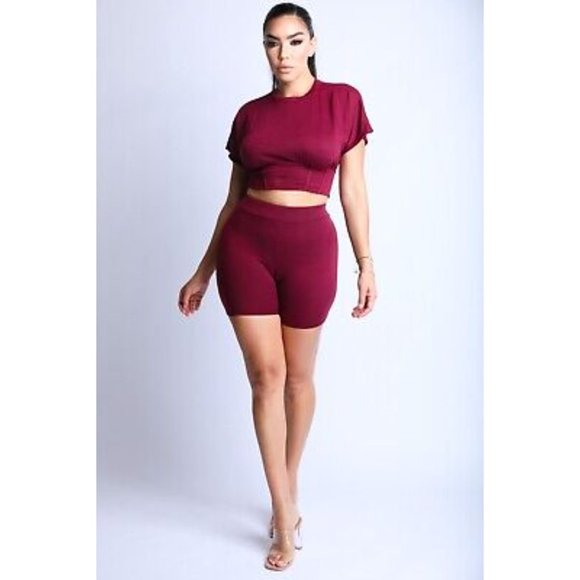 Women's Short Sleeves Corseted Top And Matching Biker Shorts 2 Piece Outfit Set - Picture 8 of 8